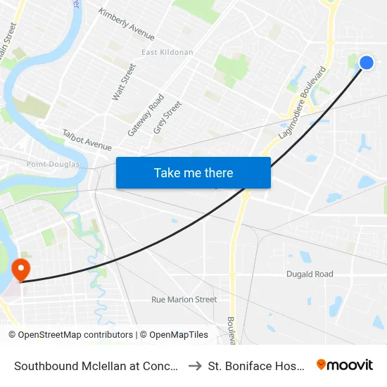Southbound Mclellan at Concordia to St. Boniface Hospital map