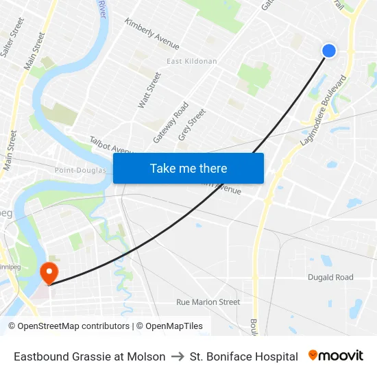 Eastbound Grassie at Molson to St. Boniface Hospital map
