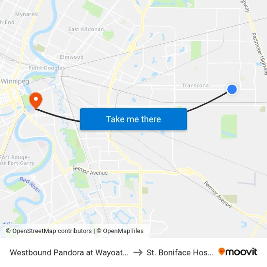 Westbound Pandora at Wayoata East to St. Boniface Hospital map