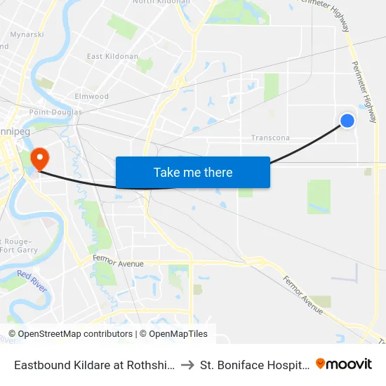 Eastbound Kildare at Rothshire to St. Boniface Hospital map