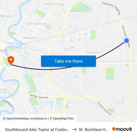 Southbound Alex Taylor at Foxborough East to St. Boniface Hospital map