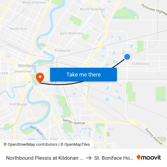 Northbound Plessis at Kildonan Meadow to St. Boniface Hospital map