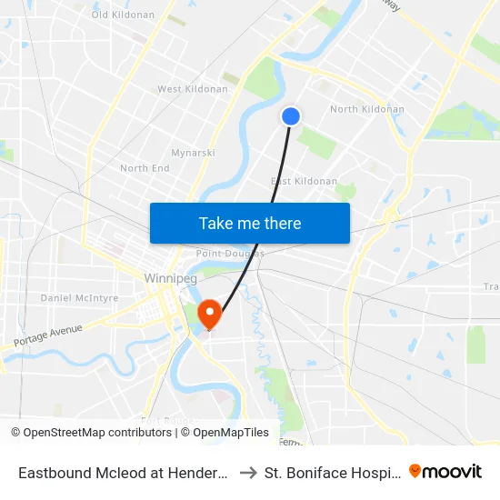 Eastbound Mcleod at Henderson to St. Boniface Hospital map