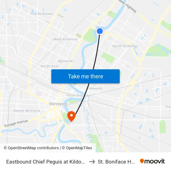 Eastbound Chief Peguis at Kildonan Bridge to St. Boniface Hospital map