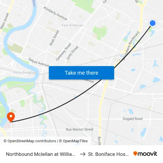 Northbound Mclellan at Williamson to St. Boniface Hospital map