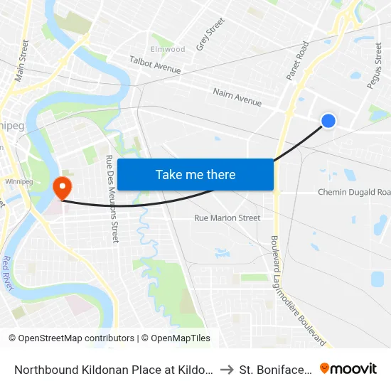 Northbound Kildonan Place at Kildonan Place (440, 446) to St. Boniface Hospital map