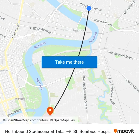 Northbound Stadacona at Talbot to St. Boniface Hospital map