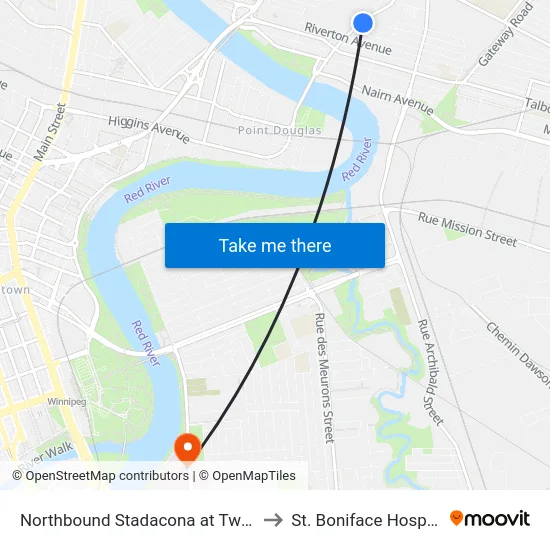 Northbound Stadacona at Tweed to St. Boniface Hospital map