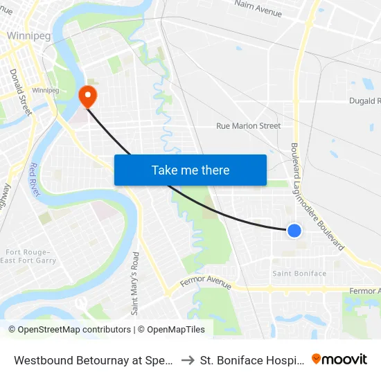Westbound Betournay at Speers to St. Boniface Hospital map