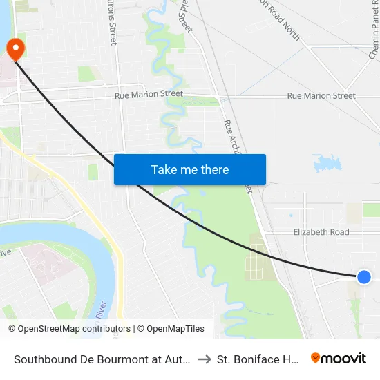 Southbound De Bourmont at Autumnwood to St. Boniface Hospital map