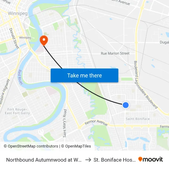 Northbound Autumnwood at Winakwa to St. Boniface Hospital map