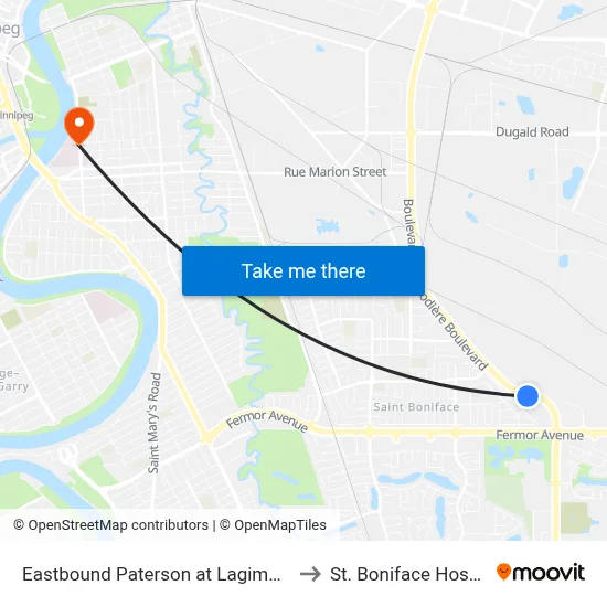 Eastbound Paterson at Lagimodiere to St. Boniface Hospital map
