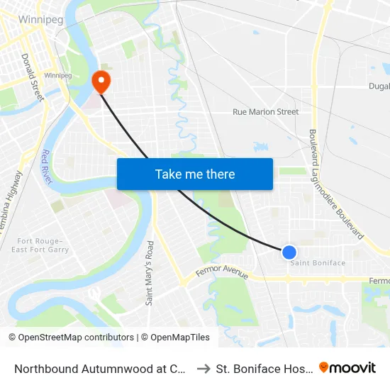 Northbound Autumnwood at Canberra to St. Boniface Hospital map