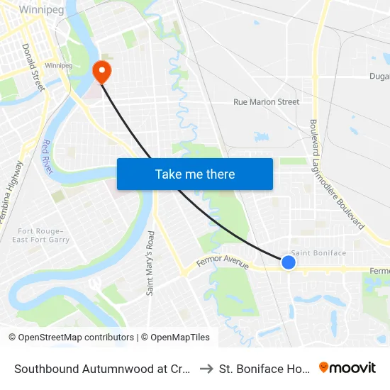 Southbound Autumnwood at Crestwood to St. Boniface Hospital map