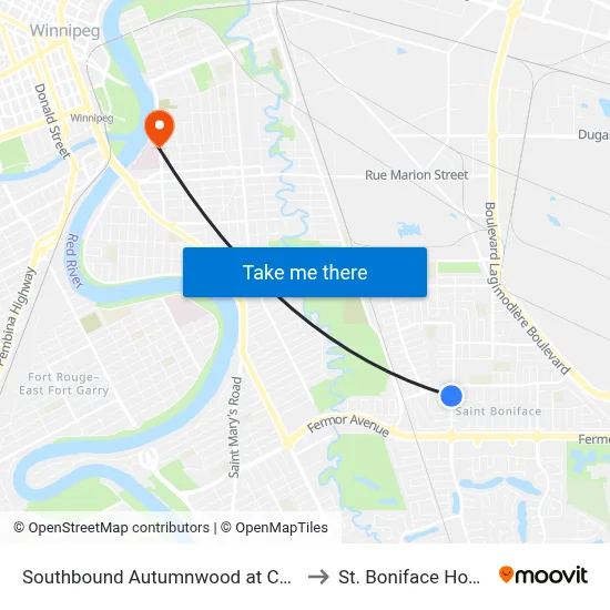 Southbound Autumnwood at Canberra to St. Boniface Hospital map