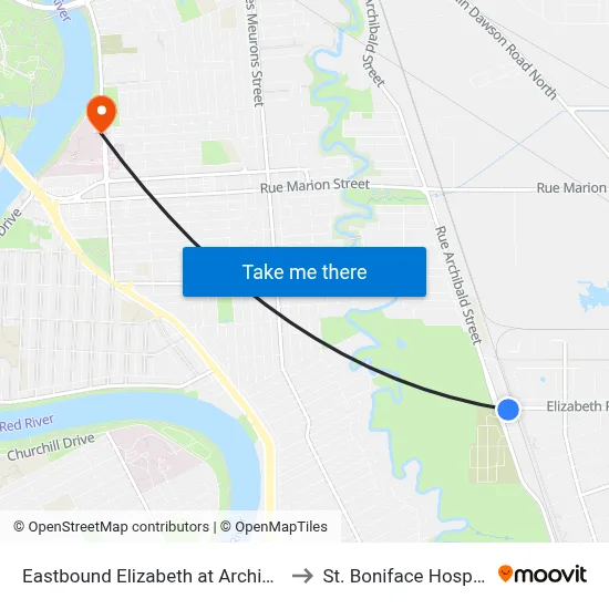 Eastbound Elizabeth at Archibald to St. Boniface Hospital map