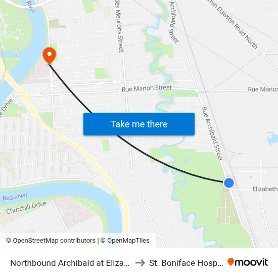 Northbound Archibald at Elizabeth to St. Boniface Hospital map