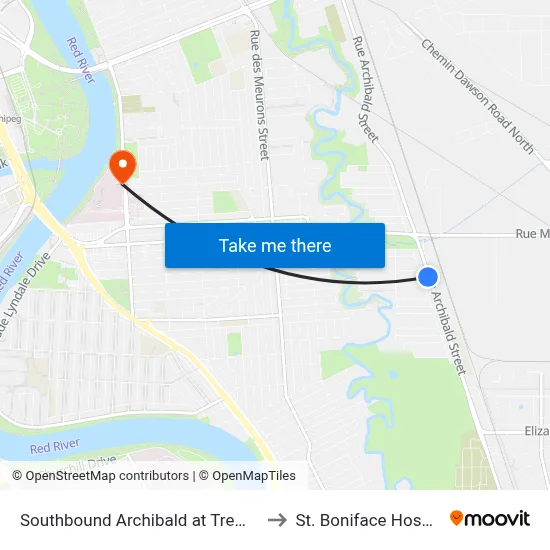 Southbound Archibald at Tremblay to St. Boniface Hospital map