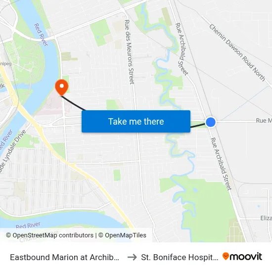 Eastbound Marion at Archibald to St. Boniface Hospital map