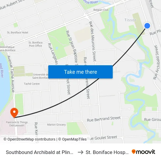 Southbound Archibald at Plinguet to St. Boniface Hospital map