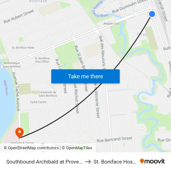 Southbound Archibald at Provencher to St. Boniface Hospital map