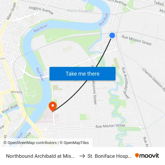 Northbound Archibald at Mission to St. Boniface Hospital map