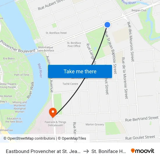 Eastbound Provencher at St. Jean Baptiste to St. Boniface Hospital map
