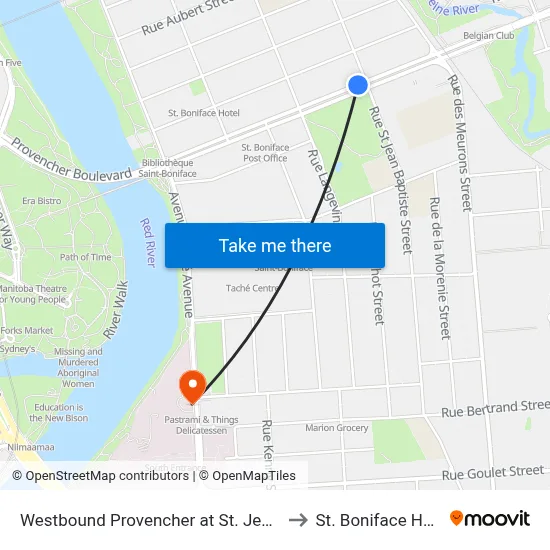 Westbound Provencher at St. Jean Baptiste to St. Boniface Hospital map