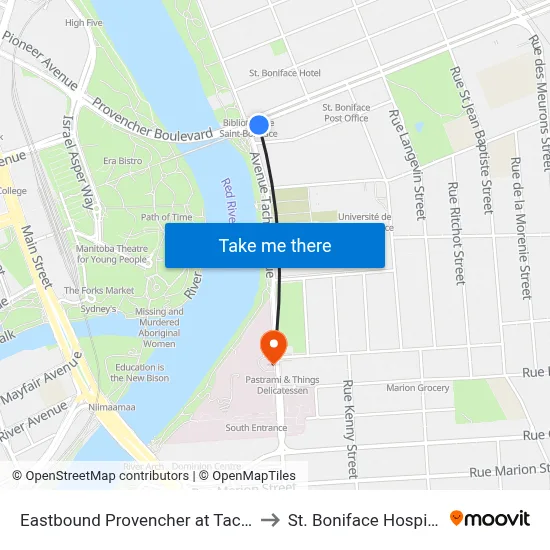 Eastbound Provencher at Tache to St. Boniface Hospital map