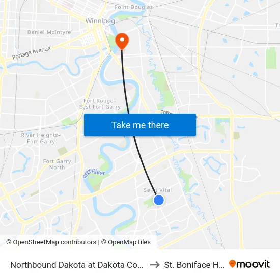 Northbound Dakota at Dakota Community Club to St. Boniface Hospital map