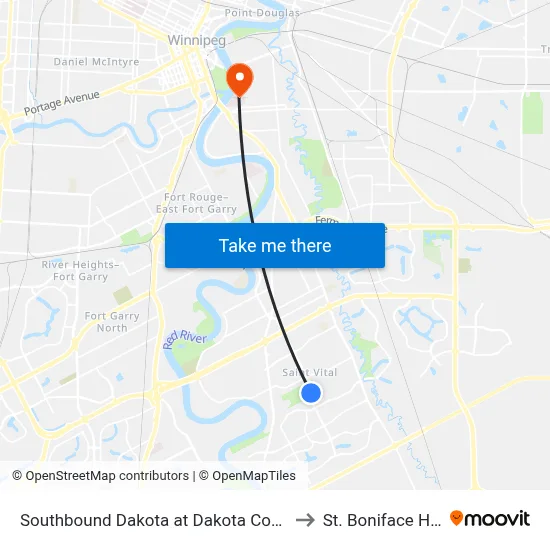 Southbound Dakota at Dakota Community Club to St. Boniface Hospital map