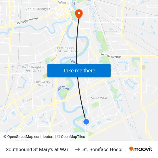 Southbound St Mary's at Warde to St. Boniface Hospital map
