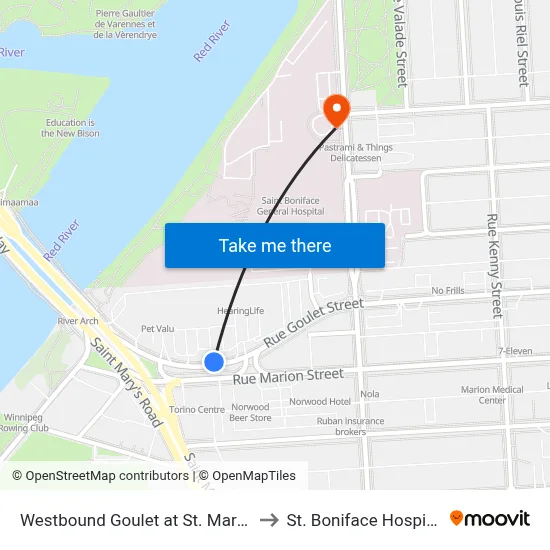 Westbound Goulet at St. Mary's to St. Boniface Hospital map