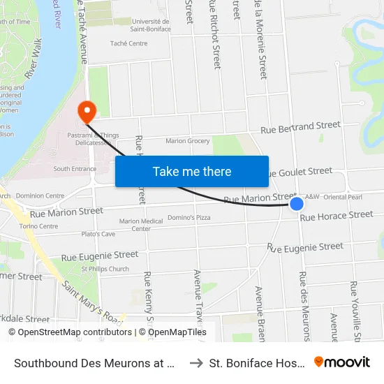 Southbound Des Meurons at Marion to St. Boniface Hospital map