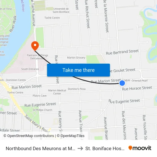 Northbound Des Meurons at Marion to St. Boniface Hospital map