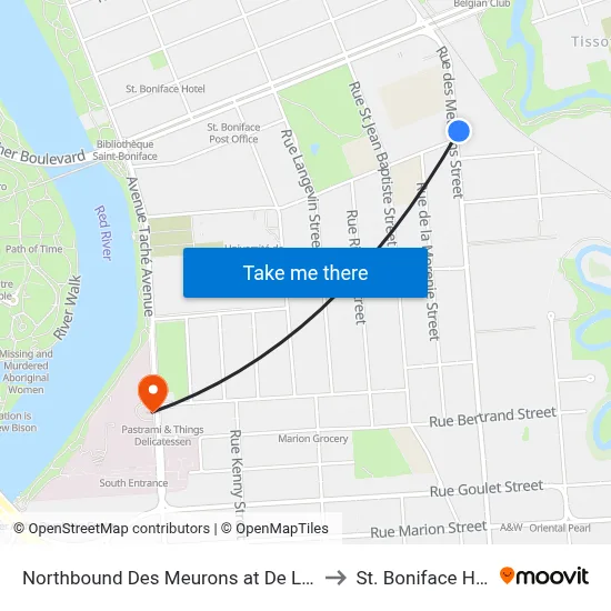 Northbound Des Meurons at De La Cathedrale to St. Boniface Hospital map