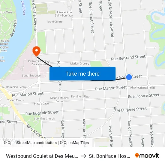 Westbound Goulet at Des Meurons to St. Boniface Hospital map
