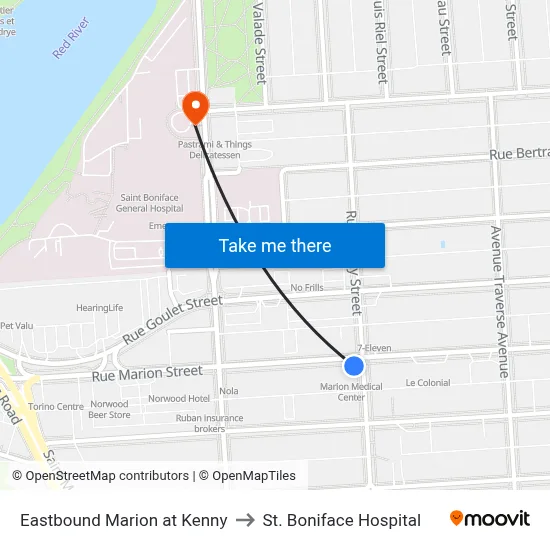 Eastbound Marion at Kenny to St. Boniface Hospital map