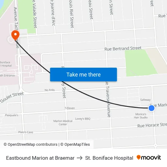 Eastbound Marion at Braemar to St. Boniface Hospital map