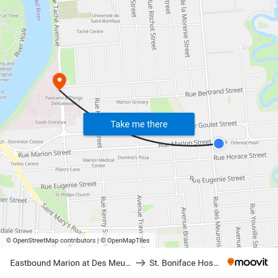 Eastbound Marion at Des Meurons to St. Boniface Hospital map