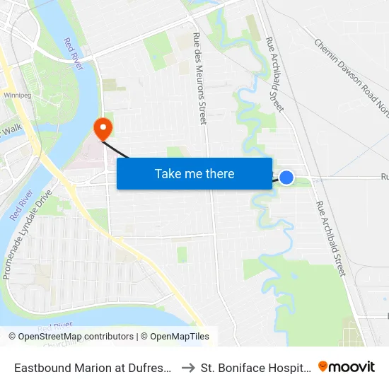 Eastbound Marion at Dufresne to St. Boniface Hospital map