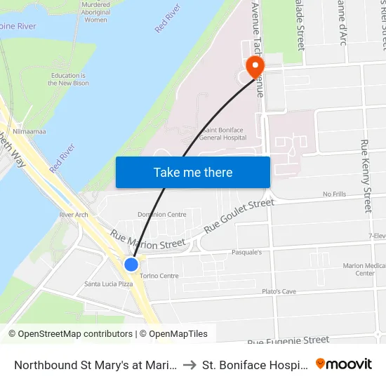 Northbound St Mary's at Marion to St. Boniface Hospital map