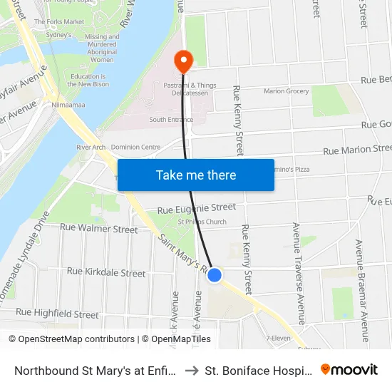 Northbound St Mary's at Enfield to St. Boniface Hospital map