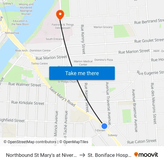 Northbound St Mary's at Niverville to St. Boniface Hospital map