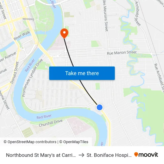 Northbound St Mary's at Carriere to St. Boniface Hospital map
