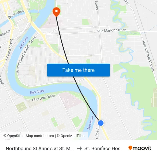 Northbound St Anne's at St. Mary's to St. Boniface Hospital map