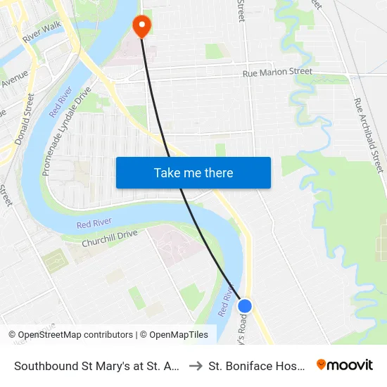 Southbound St Mary's at St. Anne's to St. Boniface Hospital map