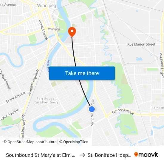 Southbound St Mary's at Elm Park to St. Boniface Hospital map