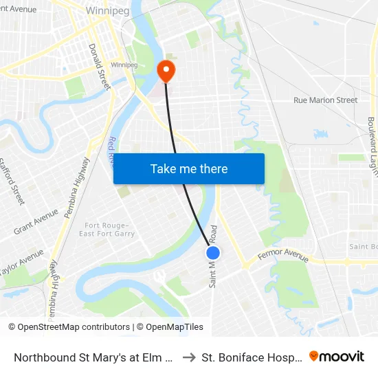 Northbound St Mary's at Elm Park to St. Boniface Hospital map