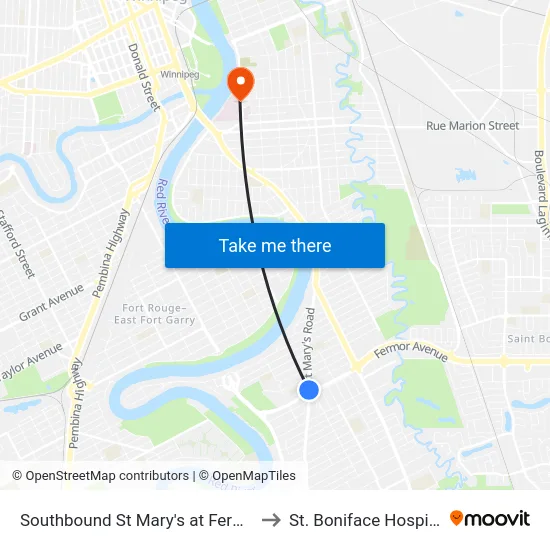 Southbound St Mary's at Fermor to St. Boniface Hospital map